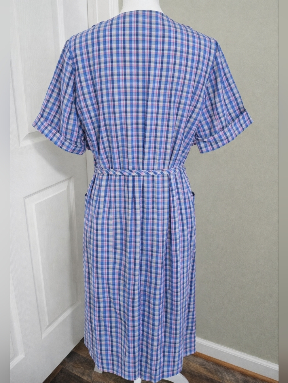 Vintage 80s 90s Plaid Cottagecore House Dress Zip Front Midi Tie Waist Pockets - Picture 7 of 9